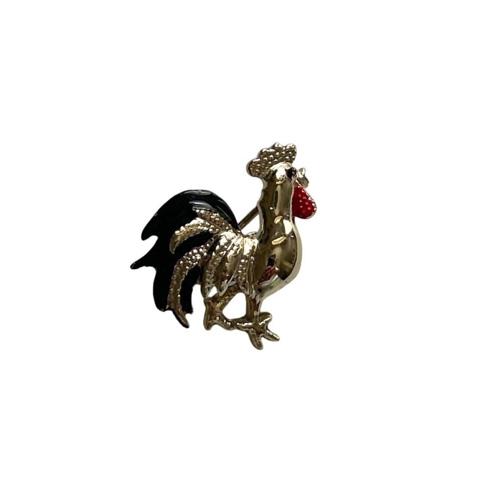 Vintage Gerrys Gold Tone Rooster Brooch Pin With Red & Black Enamel